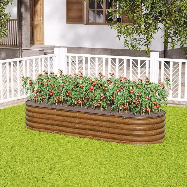 Living and Home Oval-Shaped Galvanised Steel Raised Garden Bed in Brown – 1