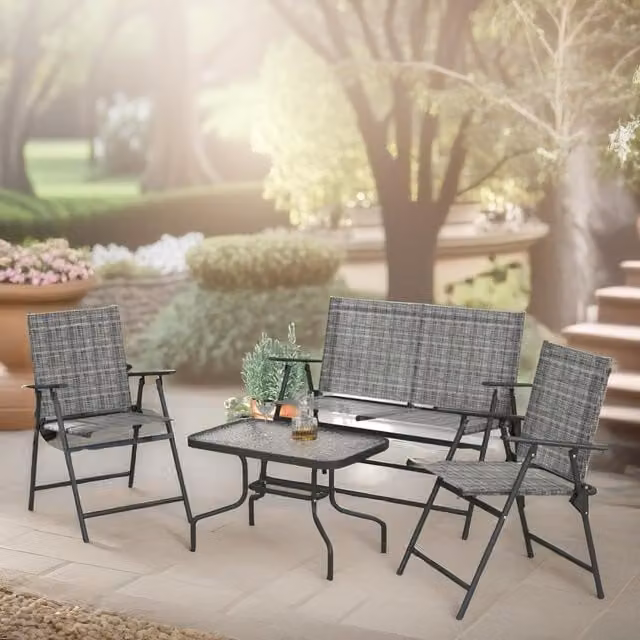 FURNOS Grey Metal and Glass Foldable Mesh Garden Bistro Furniture Set for Balcony or Terrace