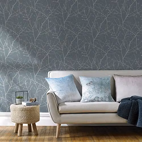 Superfresco Easy Innocence Branch Floral Wallpaper in Blue, Grey and Silver Metallic – 2