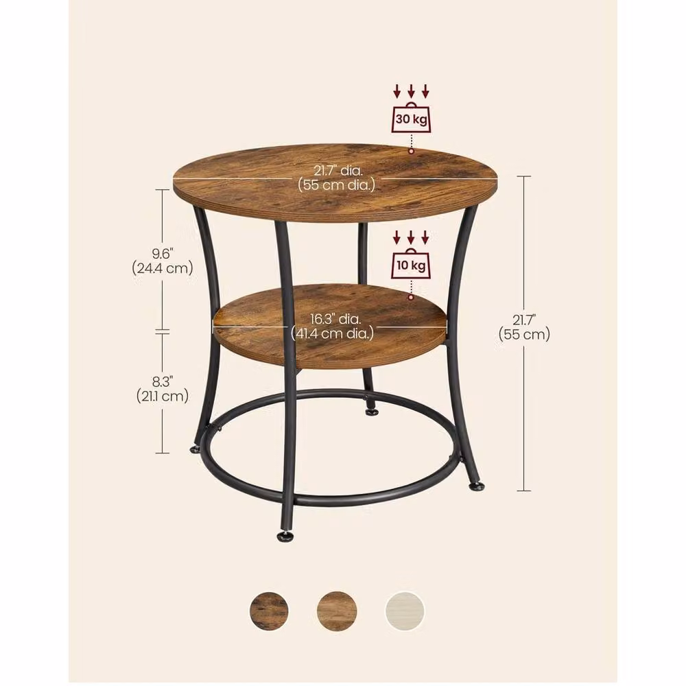 FORGEVIO Brown Rustic Round Side Table with 2 Tiers, W/D/H: 55 x 55 x 55 cm – 2