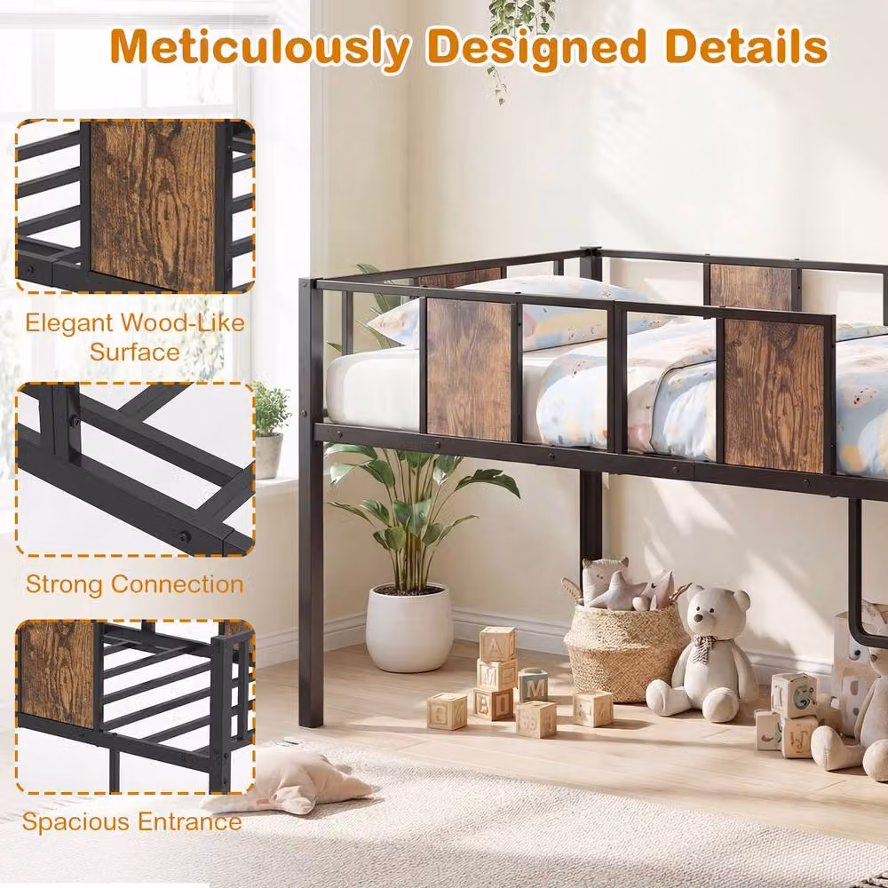 Costway Single Kids Low Loft Bed with Ladder and Guardrail in Brown Metal – 5
