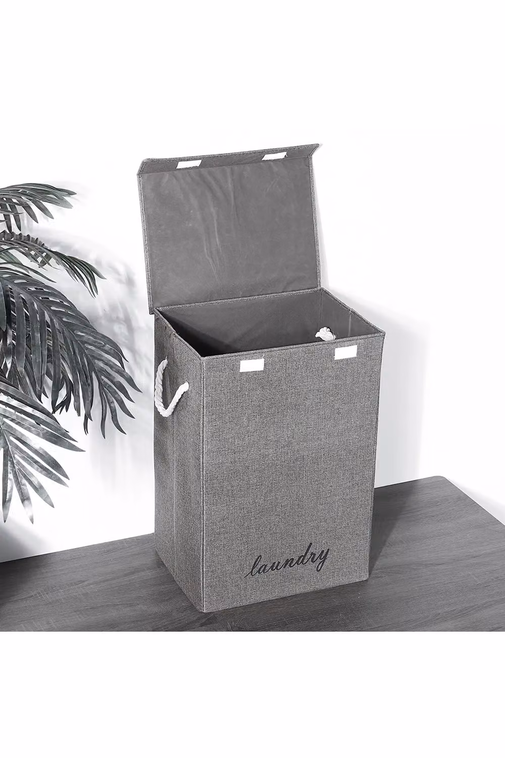 Living and Home 72L Cotton and Linen Waterproof Foldable Laundry Basket with Lid and Rope Handles in Grey – 2