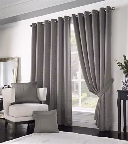 Alan Symonds Madison Opaque Silver and Grey Dotted Ring Top Curtains W: 229 cm, H: 274 cm