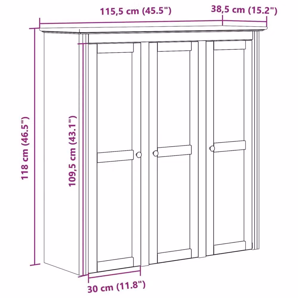 Berkfield Home BODO Grey Solid Wood Pine Cabinet with Glass Doors W/D/H: 121.0 x 37.0 x 115.5 cm – 2
