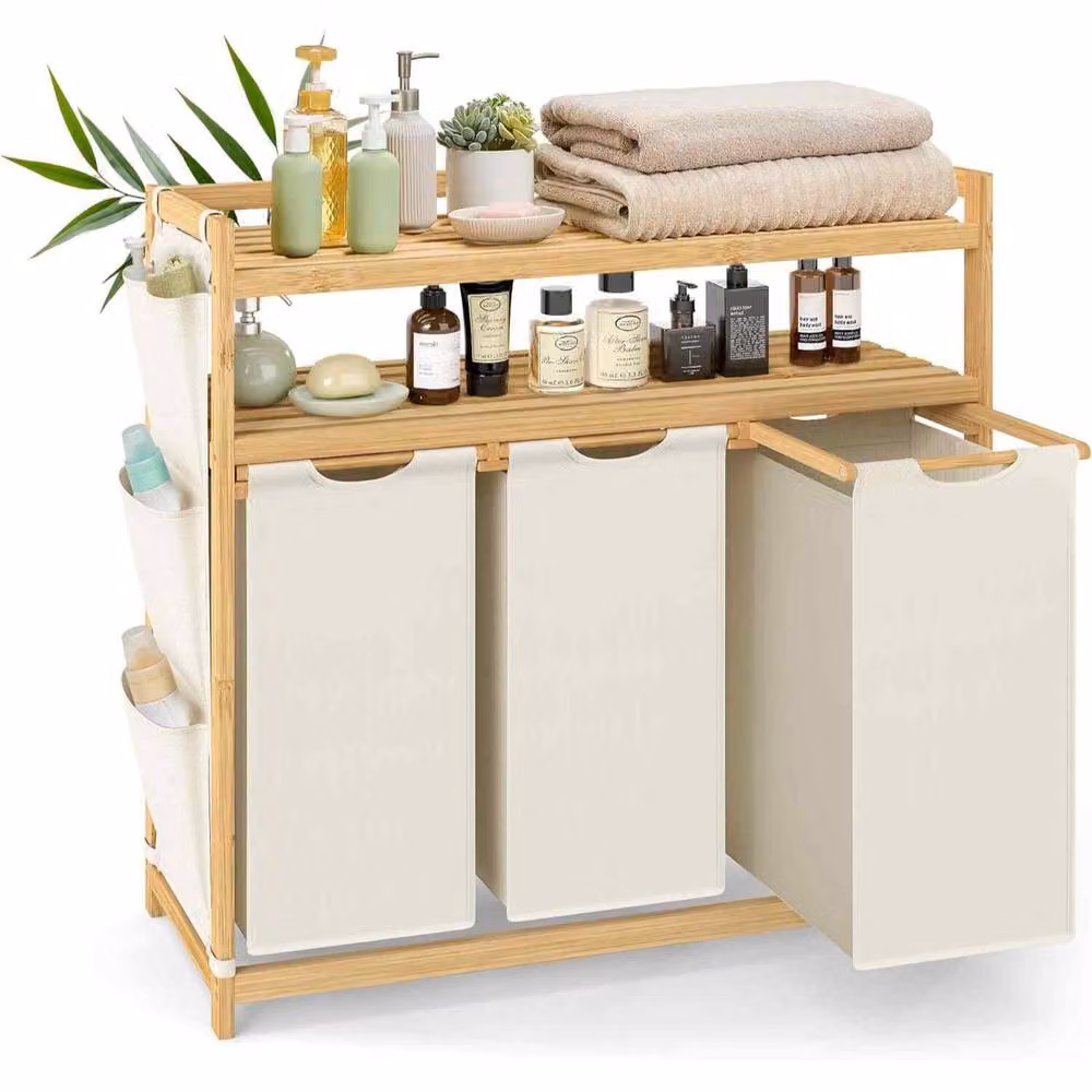 The Bazaarist 3 Compartment Bamboo Laundry Hamper with Shelf and Removable Bags in White and Beige – 2
