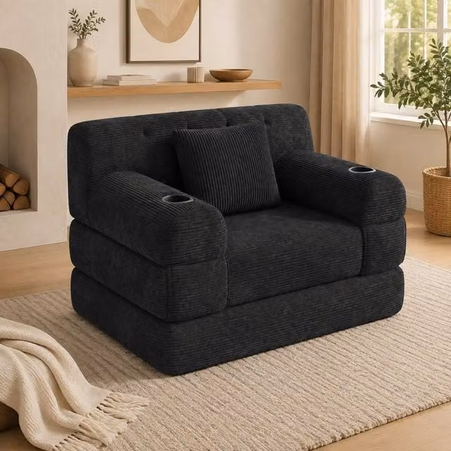 STILVORA Modern Upholstered Sleeper Sofa with Cup Holders and Metal Frame in Black