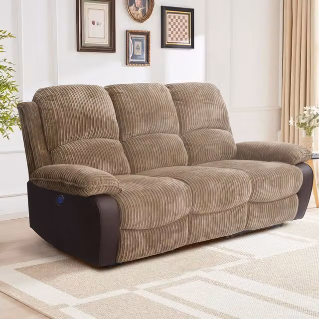 Comfy Living 3 Piece Fabric Cord Electric Recliner Set in Brown
