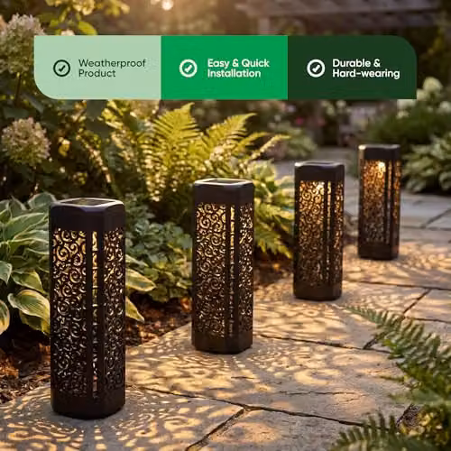 Gardenwize Pack of 4 Solar Powered LED Garden Path Lights in Black with Warm White Light and Dusk Sensor – 8