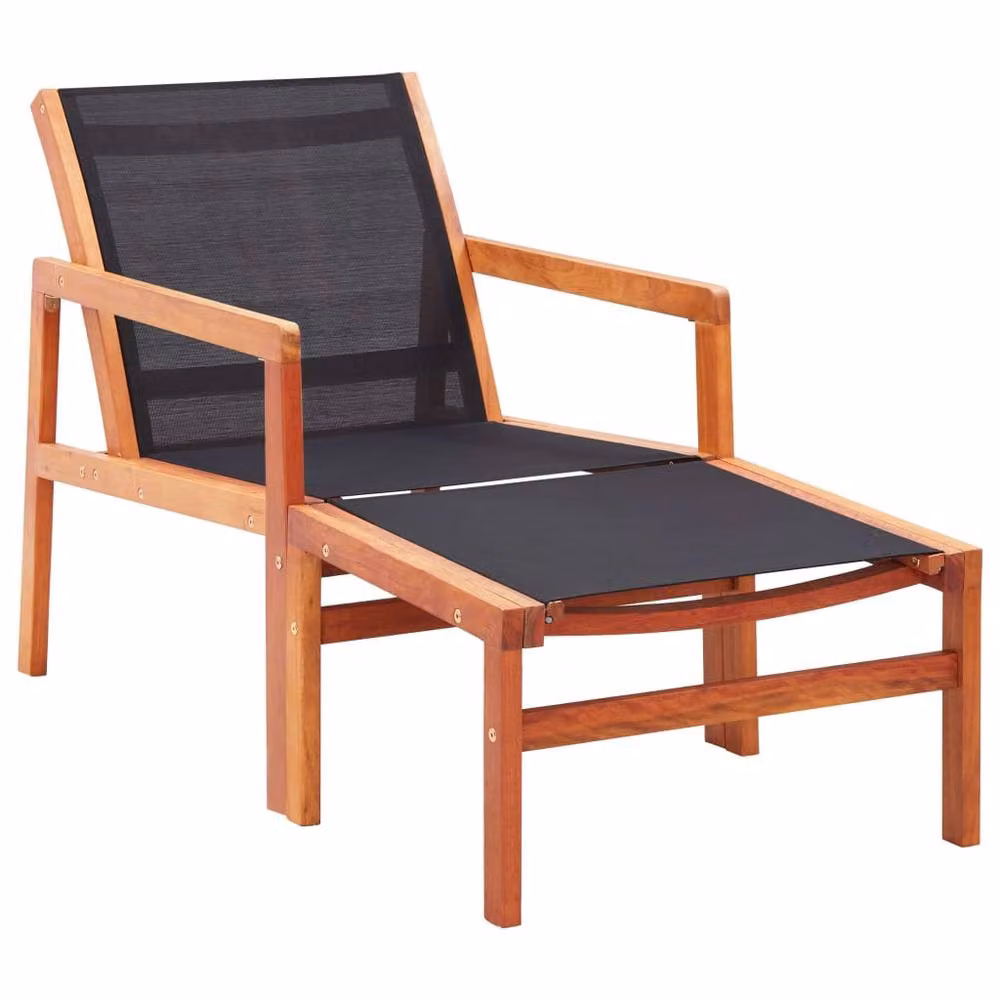Berkfield Home Garden Lounge Chair with Matching Ottoman in Black Solid Eucalyptus Wood and Textilene – 2