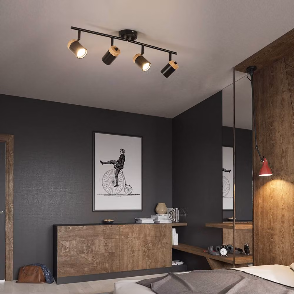 Pheashine Black and Wood 4-Light Adjustable Ceiling Spotlight with GU10 Base – 4