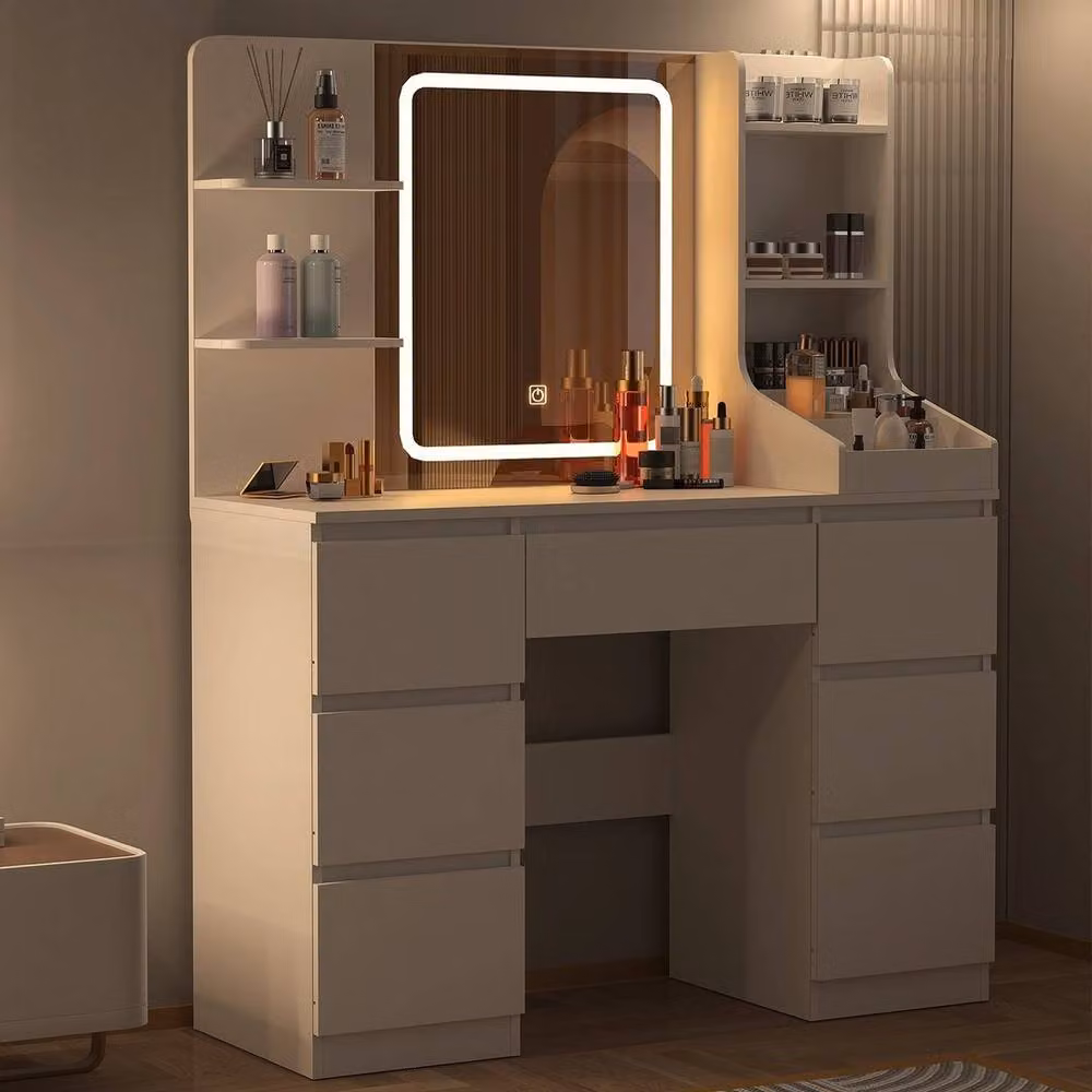 FLAVORA Modern White Dressing Table with Hollywood LED Light Mirror, W/D/H: 139.0 x 110.0 x 60.0 cm – 2