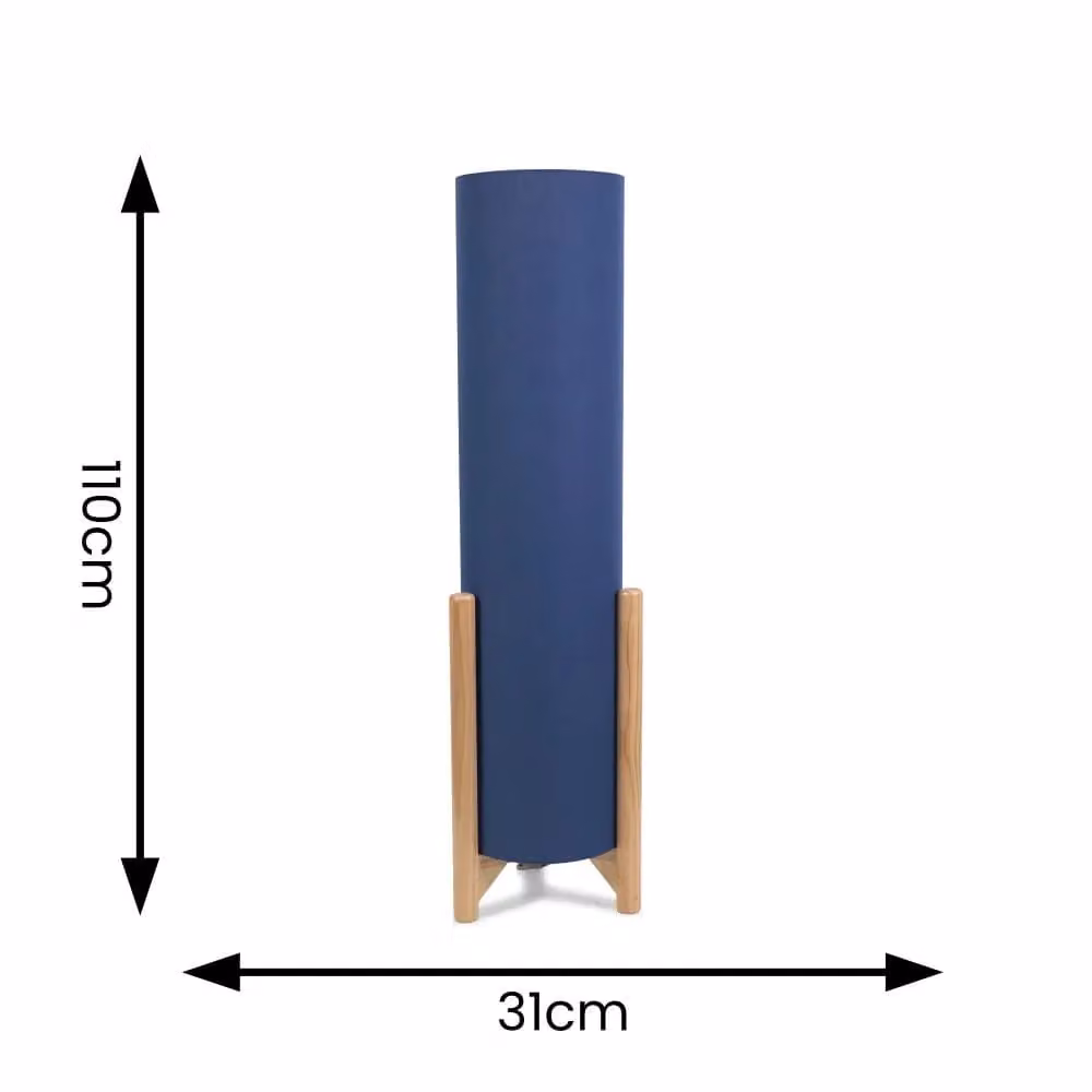ValueLights Henry Midi Floor Lamp with Oak Effect Wooden Base and Navy Blue Cylinder Fabric Shade including LED Bulb – 4