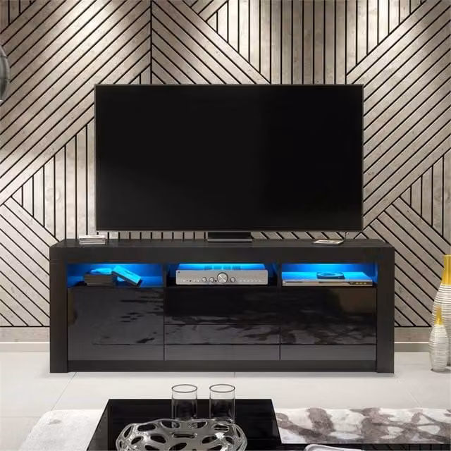 PAWNORA Modern TV Unit in Black Matt with Black High Gloss Fronts