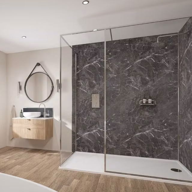 Wetwall Marbre Palazio Laminate Wall Panel with Tongue and Groove, Grey, W: 118.5 cm, H: 242 cm, D: 1.1 cm