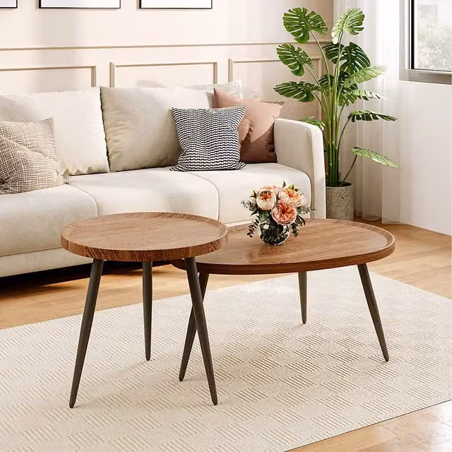 Komore 2-Piece Nesting Round Coffee Table Set in Brown and Black Industrial Wood and Metal