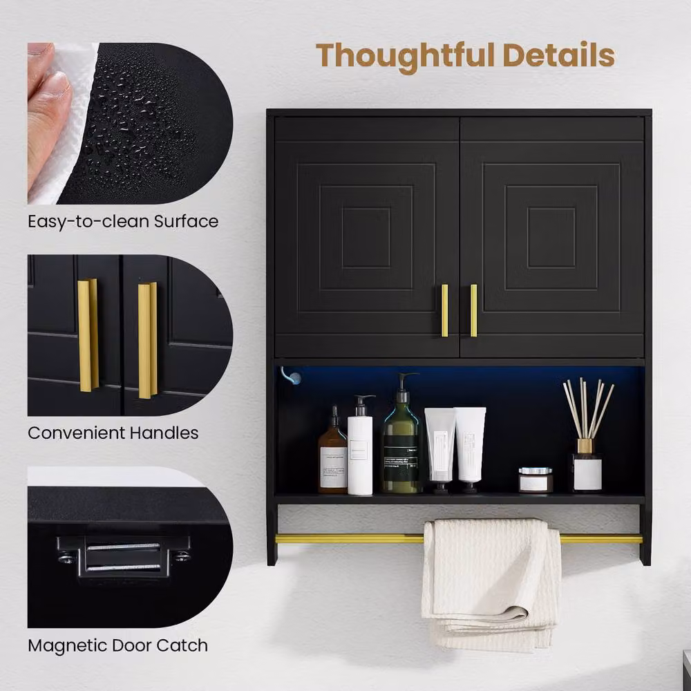 Costway Wall Mounted Black Bathroom Cabinet with Integrated Lighting and Internal Shelves – 7