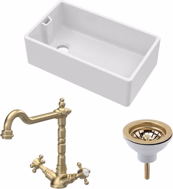 Balterley Traditional Fireclay Kitchen Bundle White 1 Bowl Belfast Sink BKS220WT13