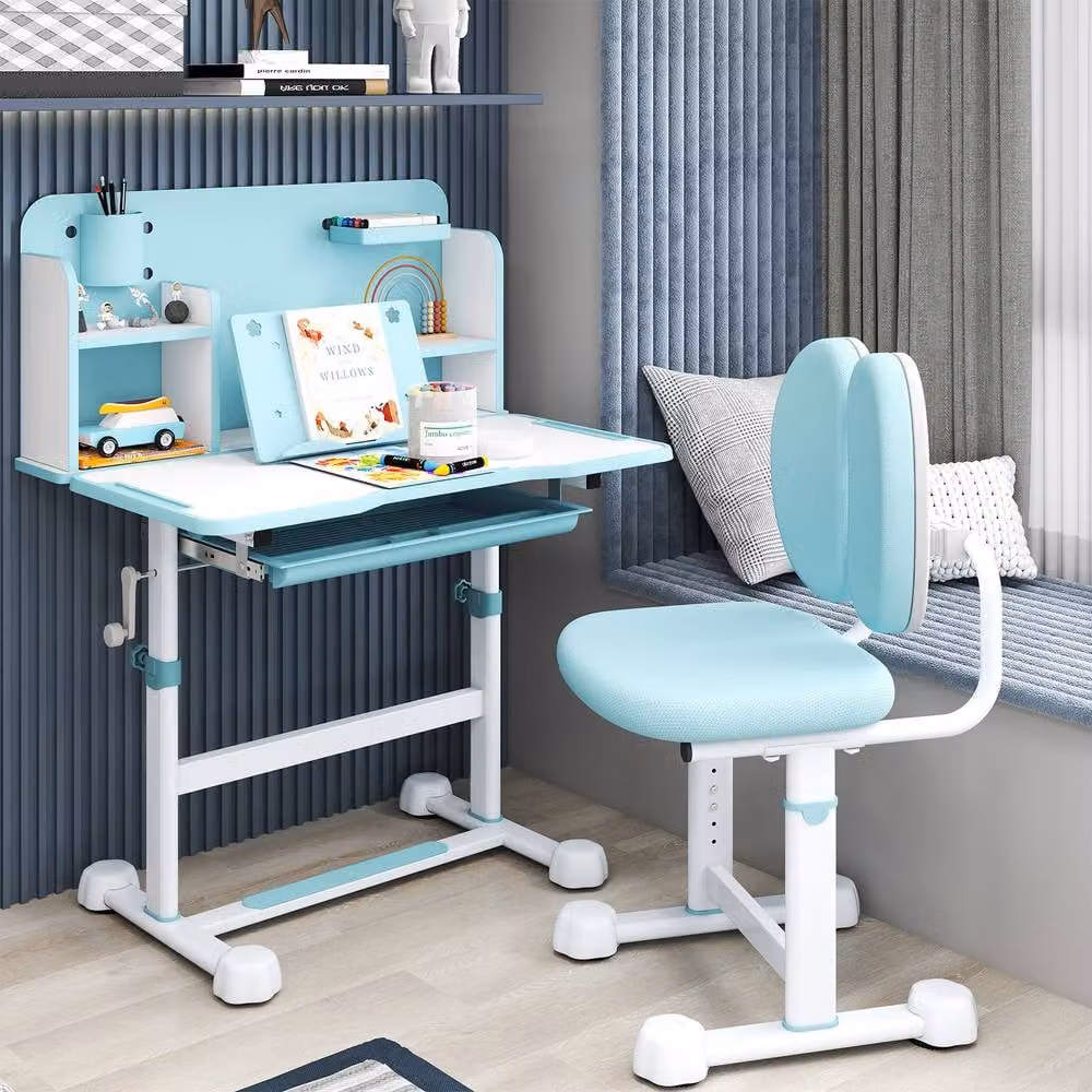 Gymax Height-Adjustable Tilting Study Desk and Chair Set for Children in Baby Blue – 4