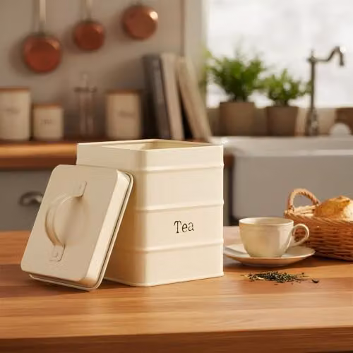 Harbour Housewares Metal Tea Storage Canister with Airtight Lid in Beige/White – 2
