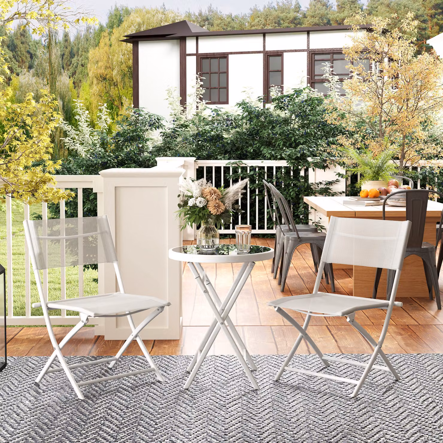 Outsunny 3 Piece Outdoor Bistro Set with Round Glass Top Table and 2 Folding Chairs in White – 2