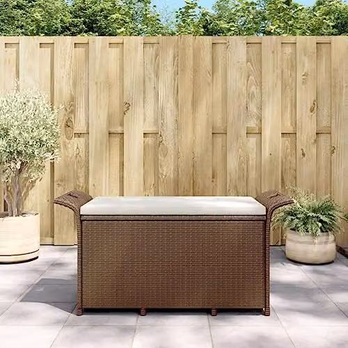 vidaXL Poly Rattan Garden Bench with Beige Cushions, Brown, W/D/H: 116 x 46 x 57 cm – 2