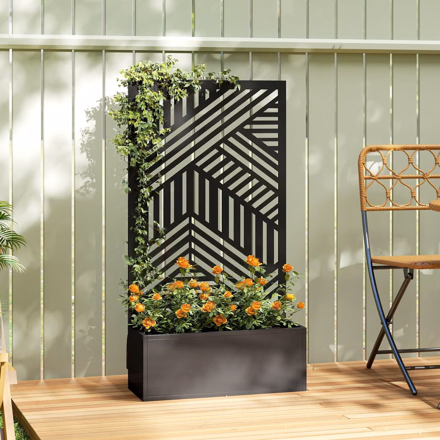 Outsunny Metal Raised Garden Bed with Trellis and Privacy Screen in Black – 2