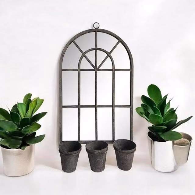 Minster Rusty Wall Mirror with Triple Planter in Grey, W: 45 cm, H: 78 cm – 1