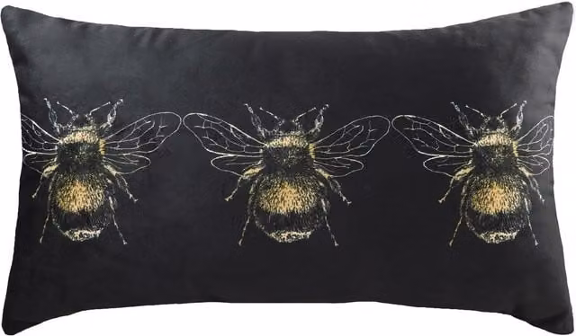 Gold Bee Rectangular Velvet Cushion in Black with Feather and Polyester Filling, W: 50 cm x H: 50 cm
