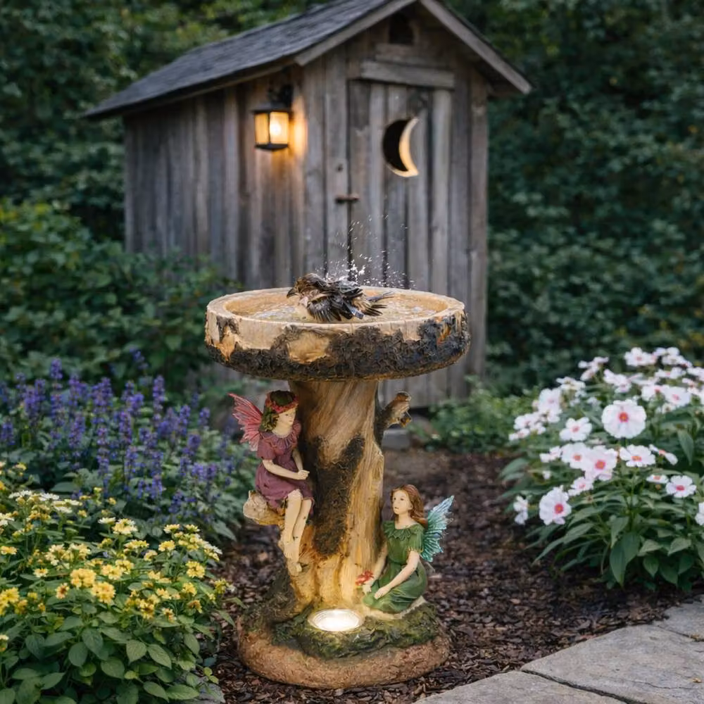 Gardenwize Solar Fairy Birdbath with LED Light Decorative Garden Feature, Brown – 2