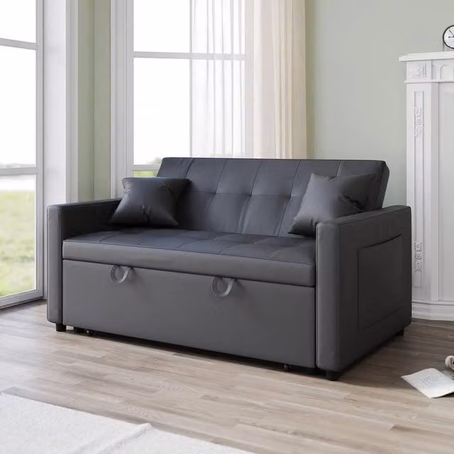 FORGEVIO Modern 2 Seater Sofa Bed in Grey with Synthetic Leather Upholstery, W/D/H: 140 x 200 cm – 1
