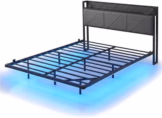 Levede Upholstered Floating Double Bed Frame with LED Under-Bed Lighting, USB Charging Ports and Side Compartments, Grey, W/D/H: 140 x 190 cm – 6