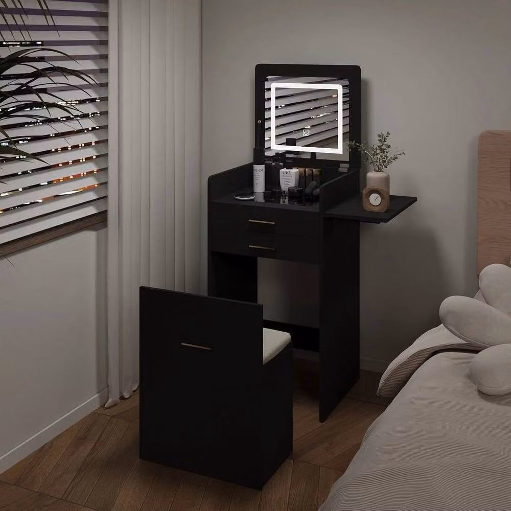 FORGEVIO Black Modern Dressing Vanity Table Set with Hollywood LED Mirror and Folding Glass Top – 2