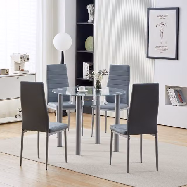 Comfy Living Modern 5 Piece Round Glass Dining Set in Grey, Diameter: 90 cm