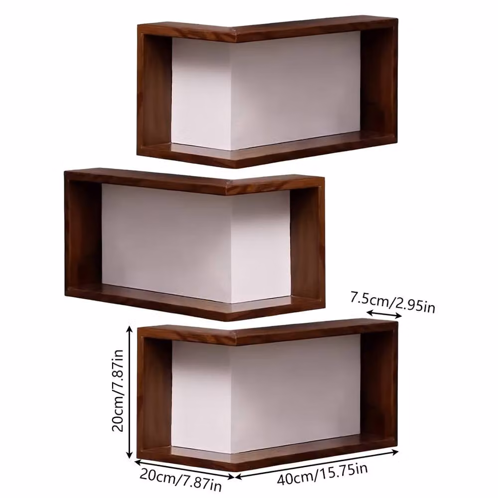 FORGEVIO Set of 3 Rustic Brown Pine Wood Floating Corner Wall Shelves – 2