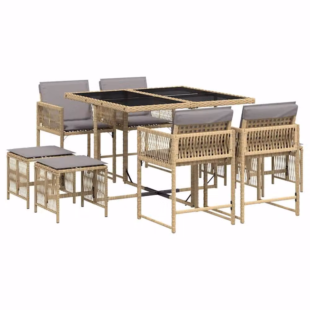 Berkfield Home 9 Piece Poly Rattan Garden Dining Set with Beige Cushions – 2