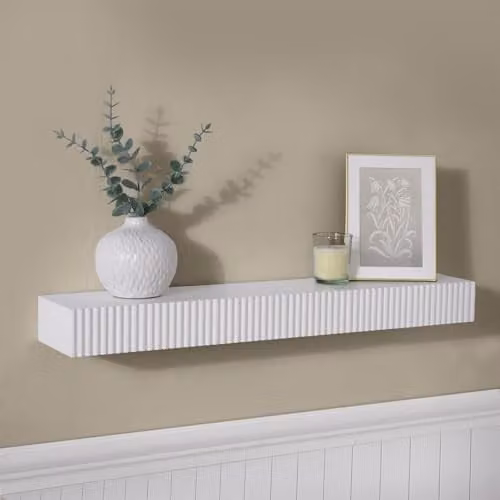 OHS Ribbed Wall Mounted Floating Shelf, Modern Striped Decorative Storage Unit for Bedroom or Home Office, W/D/H: 61 x 13 x 6 cm, White/Beige
