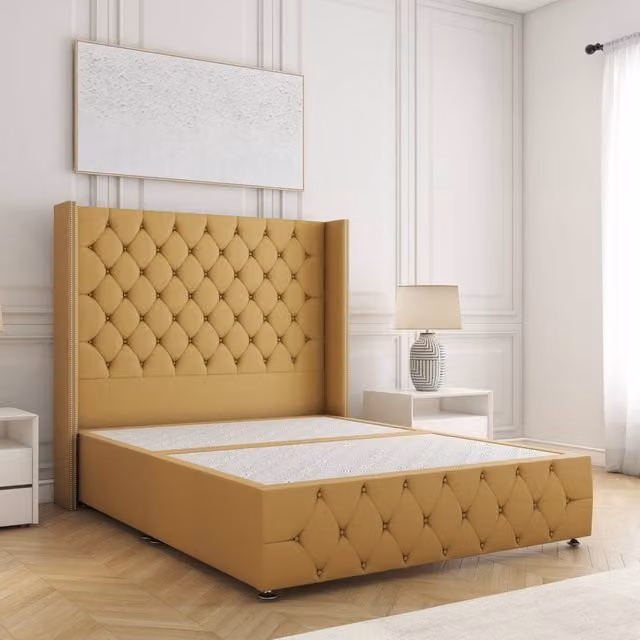 BSSPOKE Mayfair Plush Velvet Divan Bed with 54 inch Headboard in Yellow, W/D/H: 90 x 190 cm