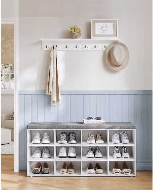 VASAGLE White 12 Compartment Shoe Storage Bench with Adjustable Shelves and Padded Fabric Seat