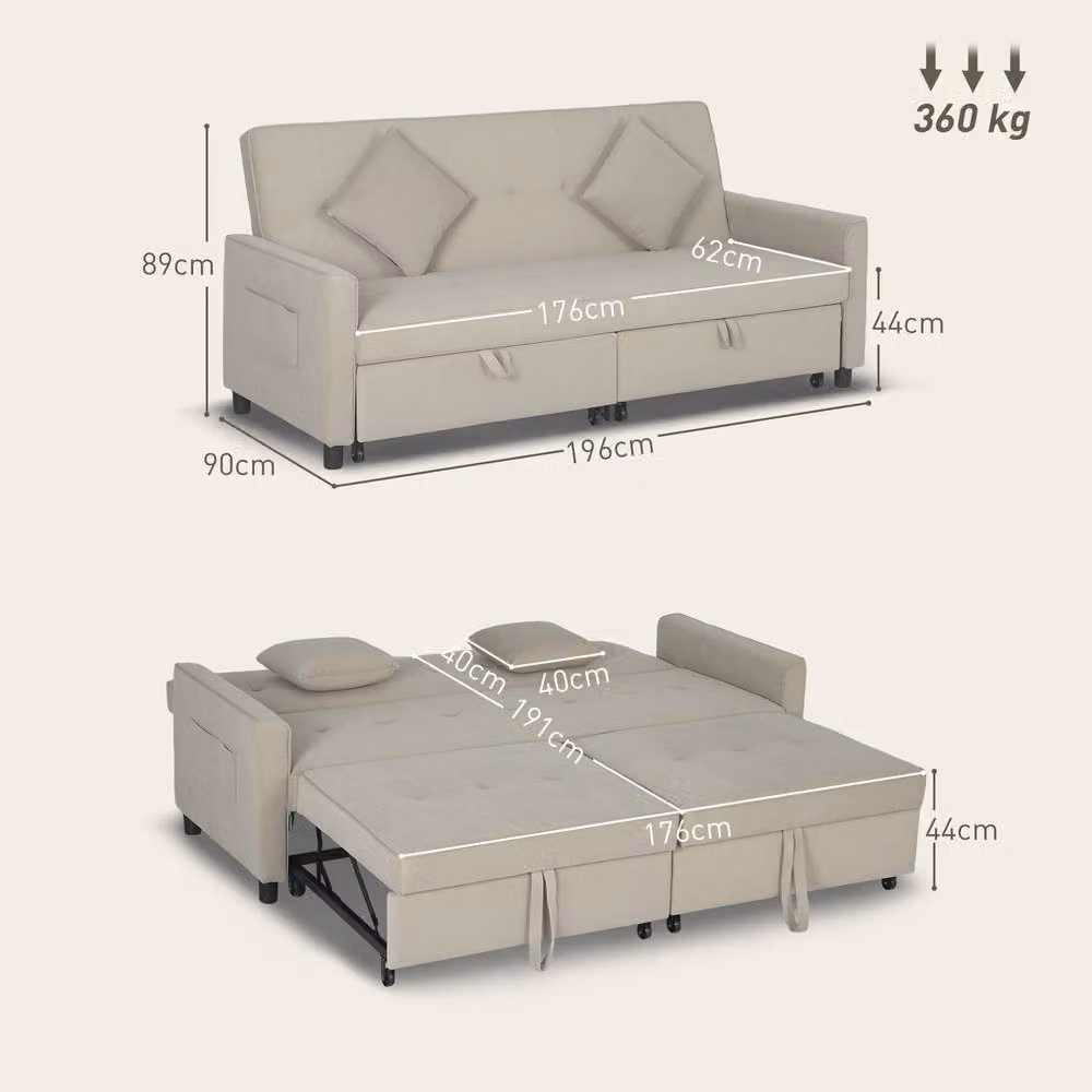 ERGOVEXA Three-Person Velvet Click-Clack Sofa Bed in Beige with Solid Wood Frame and Adjustable Headrest, W/D/H: 196 x 140 x 89 cm – 2