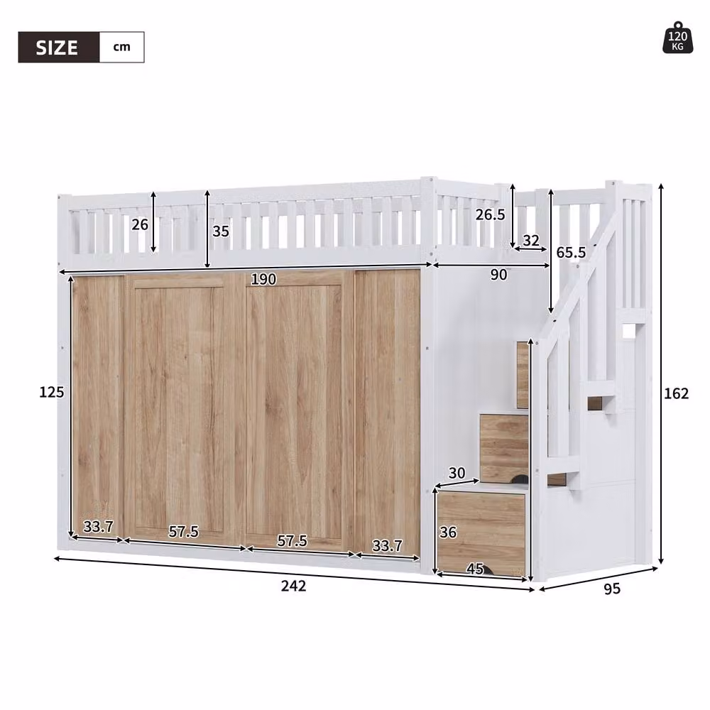 Matteo Children's Single Loft Bed in White and Natural Pine with Stairs – 2