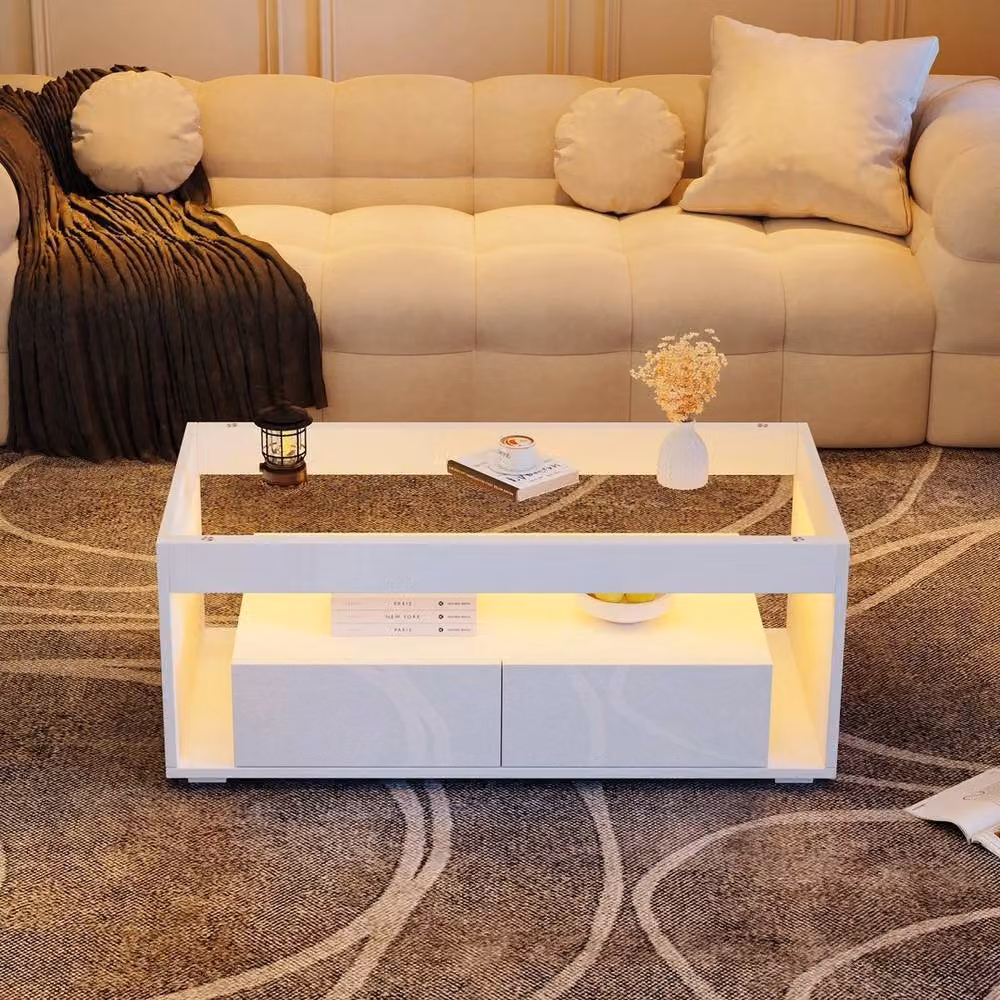 KORVIXA Modern White Square Coffee Table with App LED Lighting and 2 Drawers, W/D/H: 100 x 100 x 40 cm – 2
