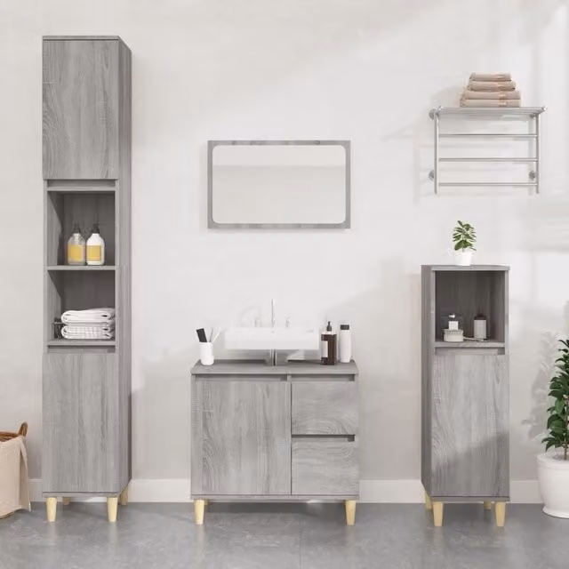 Berkfield Home 3 Piece Modern Grey Bathroom Cabinet Set with Vanity and Tall Unit – 1