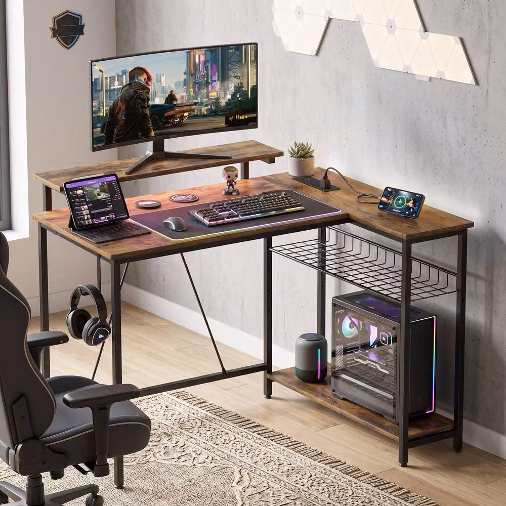 Rolipo Reversible L-Shaped Gaming Desk with LED Lights in Brown – 7