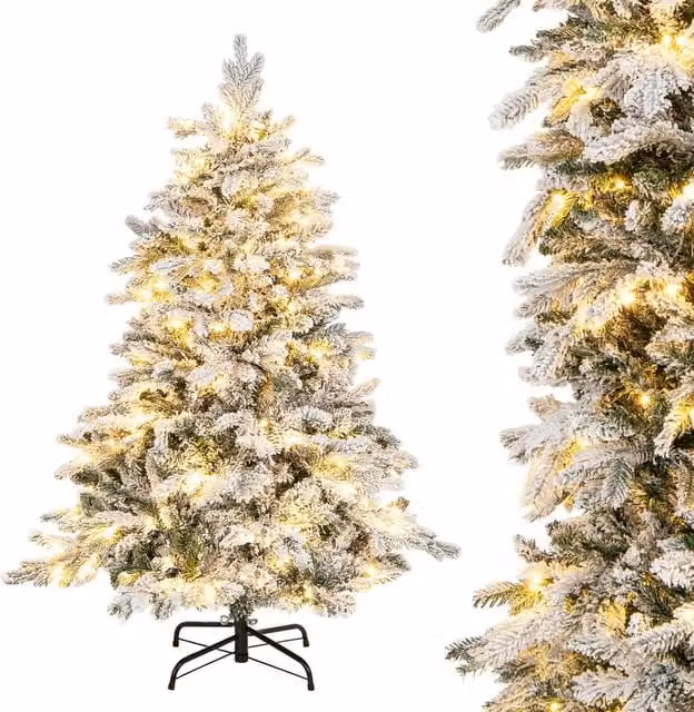 Gymax 4.5 FT Pre-Lit Flocked Christmas Tree with 757 Branch Tips and 120 Lights in Green and White – 1