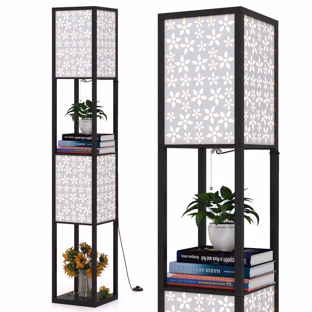Costway 2-Light Modern Floor Lamp with Shelves in Brown – 3