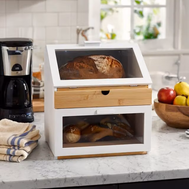 Maison Des Cadeaux White and Transparent Ventilated Three Compartment Bamboo Bread Bin with Drawer
