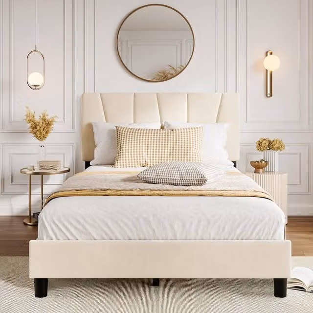 London Boutique Modern Velvet Upholstered Platform Bed Frame with Headboard in Beige W: 145 cm, D: 198 cm