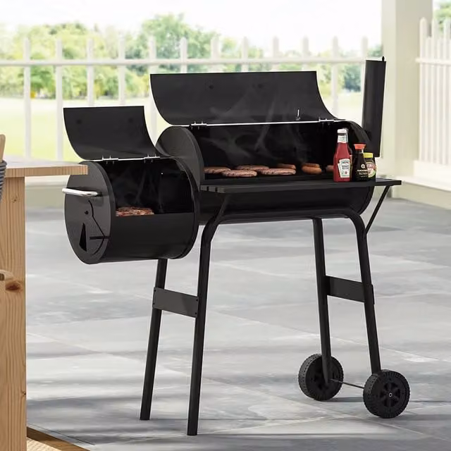 Livingandhome Charcoal BBQ Grill Trolley with Offset Smoker in Black and Stainless Steel