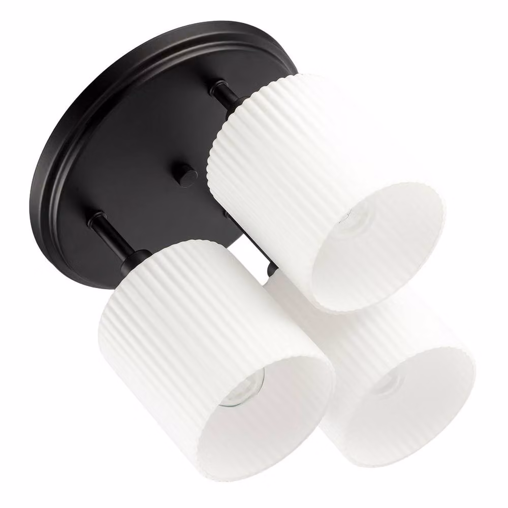 Happy Homewares Designer Semi Flush Ceiling Light with Fluted Opal Glass Shades in Black – 2
