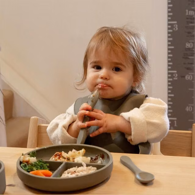Tiny Dining Silicone Baby Suction Plate with Fork and Spoon Set in Green
